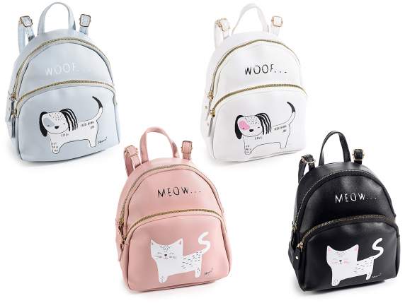 Faux leather backpack with Woof-Meow print